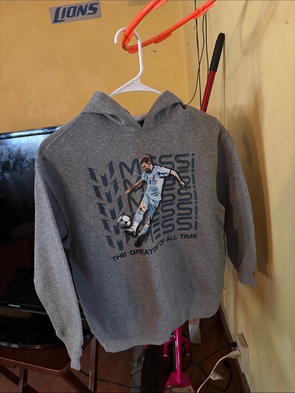 Kids Grey Hoodie Jacket with Soccer Star Messi.